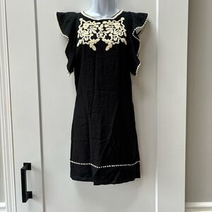 THML navy cream embroidered flutter‎ sleeve linen like dress size S